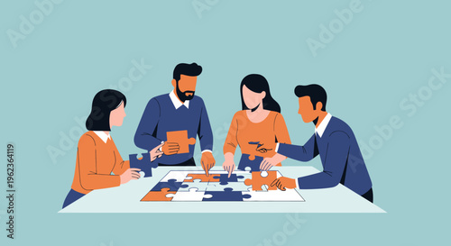 Teamwork and Collaboration: People assembling a jigsaw puzzle, symbolizing problem-solving and strategy.