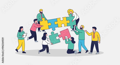 Teamwork and collaboration: People assembling a large jigsaw puzzle together, symbolizing unity and problem-solving.