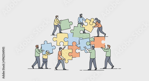 Teamwork and collaboration: people assembling a large jigsaw puzzle together