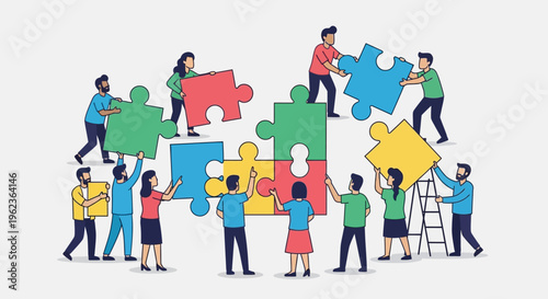 Teamwork and collaboration: people assembling a large jigsaw puzzle, symbolizing problem-solving and unity.