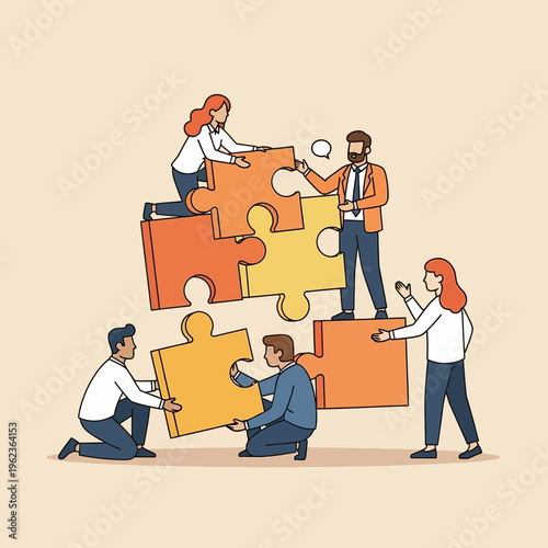 Teamwork and collaboration: people assembling a large puzzle, symbolizing problem solving and strategy