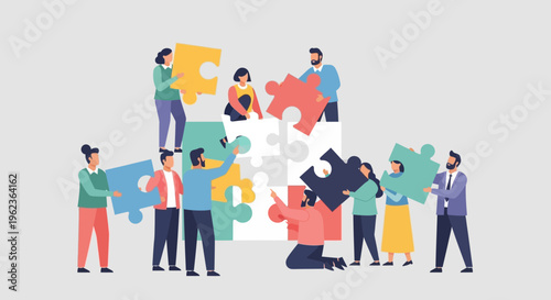 Teamwork and Collaboration: People assembling a large jigsaw puzzle, symbolizing unity and problem-solving.