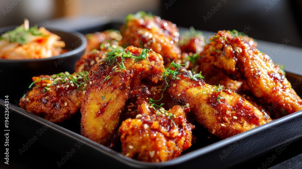 Fototapeta premium Crispy chicken wings glisten with vibrant sauce