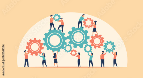Teamwork and Collaboration: People assembling gears, symbolizing business success and unity