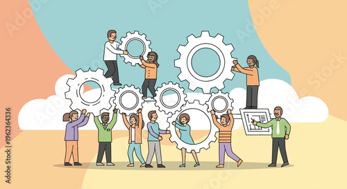 Teamwork and collaboration: people assembling gears, symbolizing synergy and project success