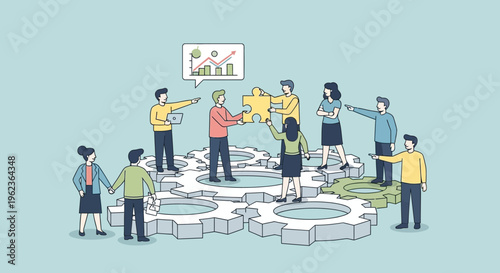 Teamwork and Collaboration: People assembling puzzle pieces on gears, business growth concept
