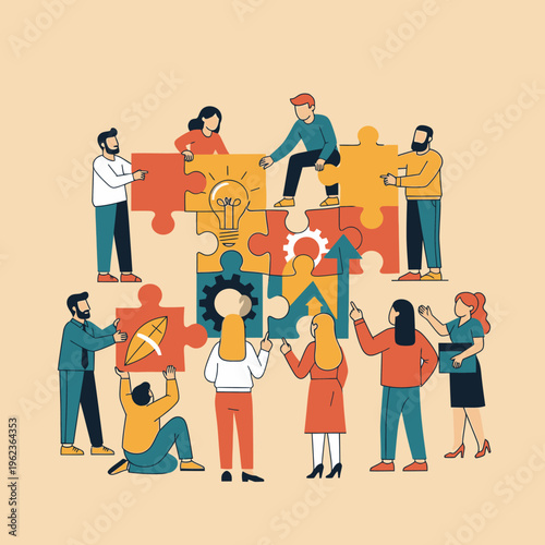 Teamwork and Collaboration: People assembling puzzle pieces with business icons