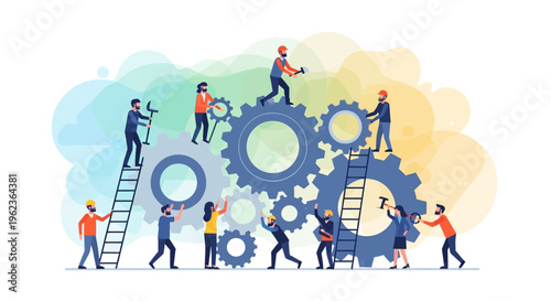 Teamwork and collaboration: people building a complex gear mechanism, business concept