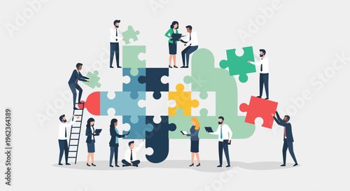 Teamwork and Collaboration: People building a puzzle, symbolizing strategy and success
