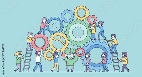 Teamwork and collaboration: people building a complex gear mechanism together