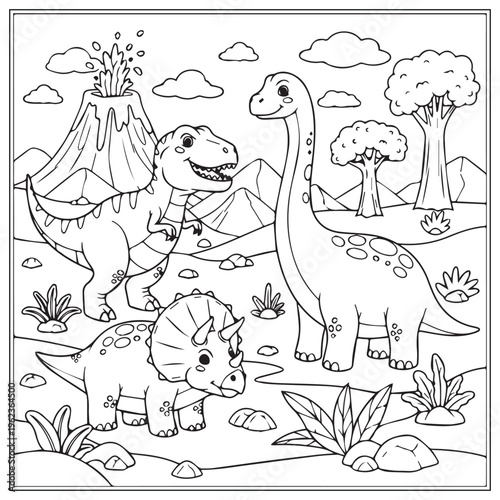 A playful scene of dinosaurs near a volcano and lush prehistoric landscape