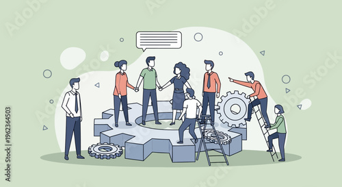 Teamwork and collaboration: people working together on a large gear mechanism