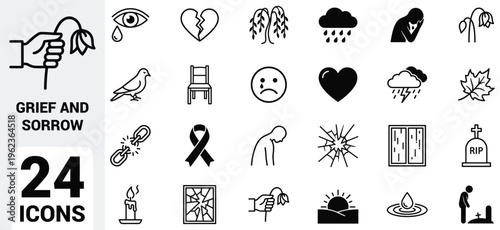 Black and white grief and sorrow icon set featuring crying faces, broken hearts, wilted flowers, gravestones, storm clouds, candles, emotional symbols, loss themes, and mourning concepts