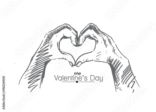Valentine Day Hand heart gesture, Hand Drawn Sketch Vector illustration.