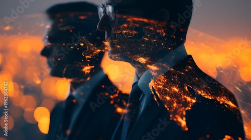 A double exposure image of two businesspeople with city lights overlay, symbolizing urban connectivity and professional networking at night.