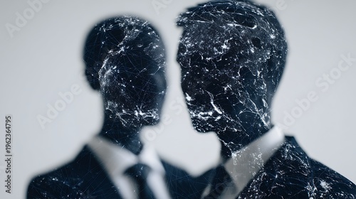 Two businessmen silhouettes with a digital network overlay symbolize connectivity and communication in the modern tech-driven business world.