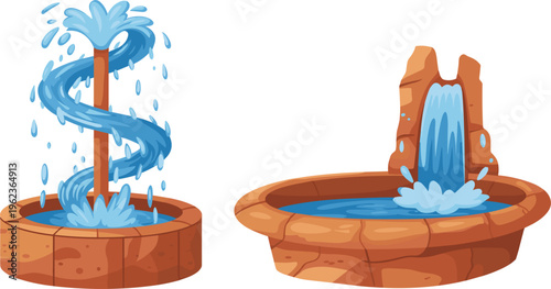 Water fountains vector illustration, cartoon stone basin and spiral splash features outdoor decorative design
