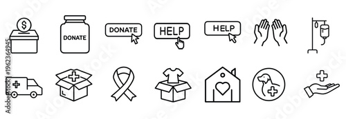 Charity and donation outline icon set featuring medical ambulance, clothes donation box, veterinary care, awareness ribbon, and more vector illustration on editable stroke
