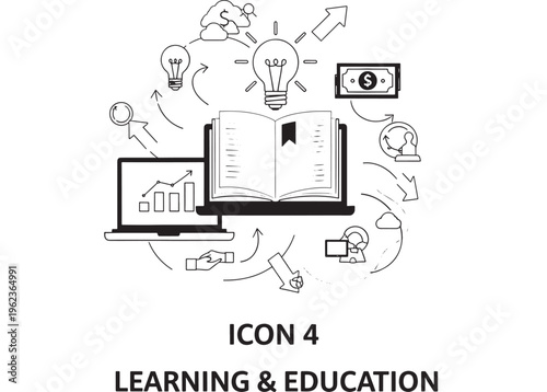 Book educational icon with laptop and learning symbols around it, representing online courses and knowledge