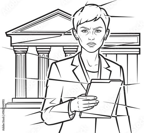 Woman standing in front of building with columns holding tablet and looking determined, business professional in front of government or bank
