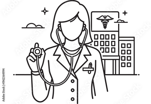 Doctor female icon with stethoscope around neck and hospital building background, medical professional symbol