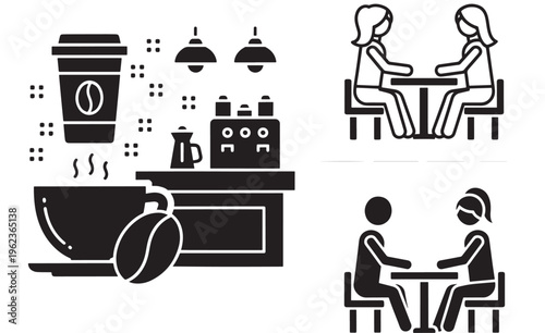 Cup coffee icon with steam rising and people sitting at tables in cafe featuring restaurant, food and drink, beverage with morning routine and daily