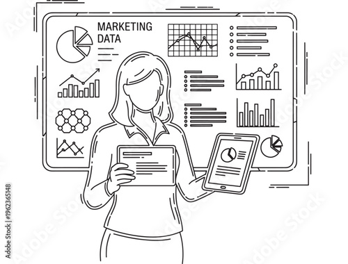 Woman holding tablet and smartphone with marketing data analysis on screen featuring graph, chart, pie chart with bar graph and business elements for