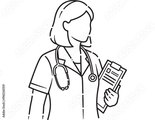 Doctor female icon with stethoscope and clipboard, simple line drawing featuring medical, healthcare, nurse with practitioner and medicine elements