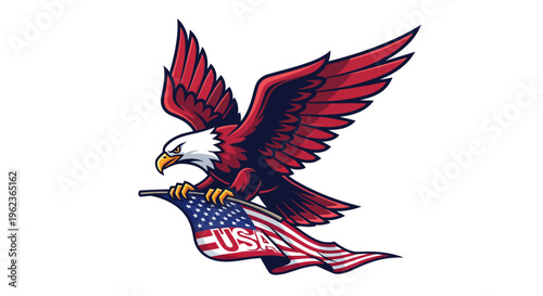 Majestic American Bald Eagle Clutching a Waving United States Flag Symbolizing Patriotism and Freedom