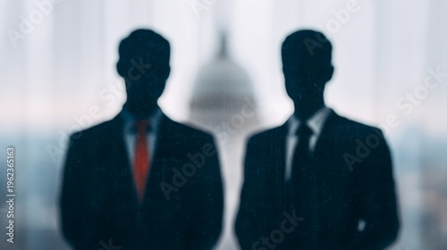 Two blurred businessmen stand in front of a large window with a cityscape backdrop, conveying professionalism and corporate atmosphere.