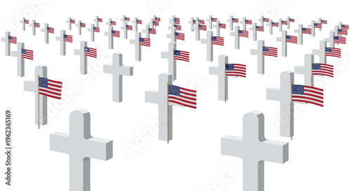 Rows of white crosses adorned with American flags in a solemn memorial