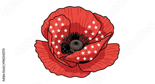 A vibrant red poppy adorned with white stars, symbolizing remembrance and patriotism, rendered as a graphic illustration