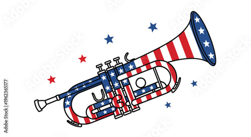 Vibrant patriotic trumpet illustration featuring American flag colors, perfect for national holidays and celebratory events