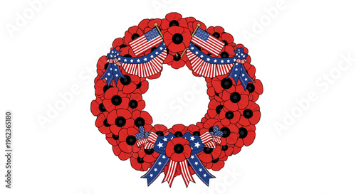 Vibrant red poppy flower wreath adorned with patriotic American flags and decorative ribbons, symbolizing remembrance and national pride for commemorative events