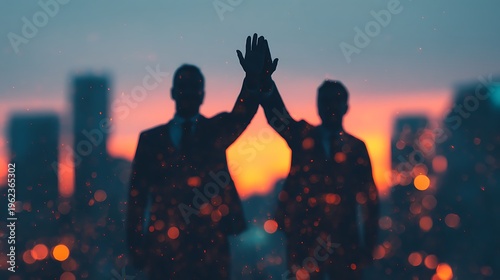 Two silhouetted figures give a high-five against a colorful cityscape at sunset with bokeh light effects.