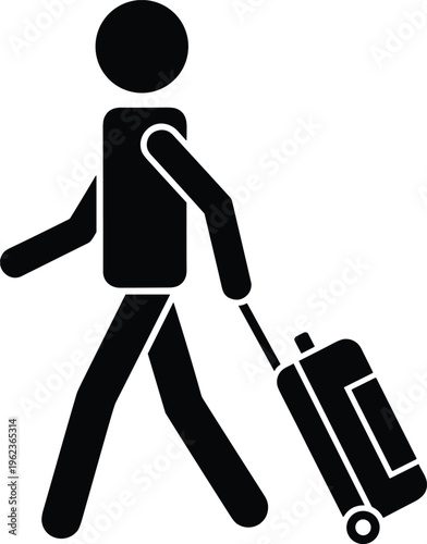 Black silhouette illustration of person walking with wheeled suitcase, travel, airport, transportation, tourism concept design