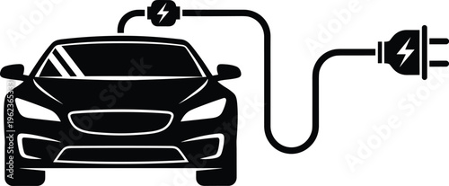 Black silhouette illustration of electric car charging with cable and lightning bolt, eco transport, sustainability concept design