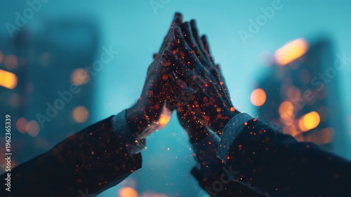 Two hands pressed together in a high-five with city lights blurred in the background and red sparks floating between them.