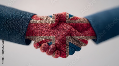 Two hands shaking, digitally textured with the Union Jack flag pattern, symbolizing British partnership or agreement.