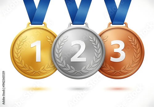 Gold silver bronze medals with blue ribbons and laurel wreaths on white background  award symbols