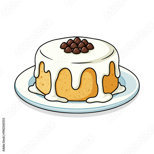 Round Sponge Cake with Icing and Chocolate Chips Dessert Illustration