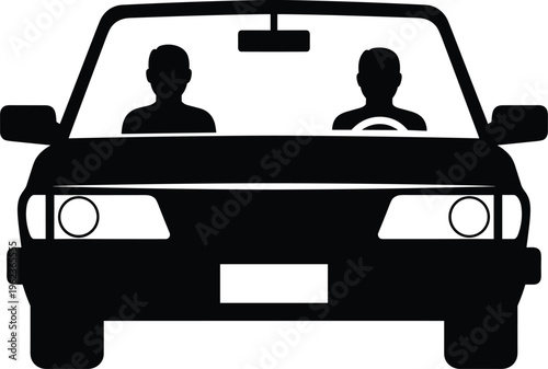 Black silhouette illustration of car front view with driver and passenger figures, transportation, travel, carpooling, road safety concept
