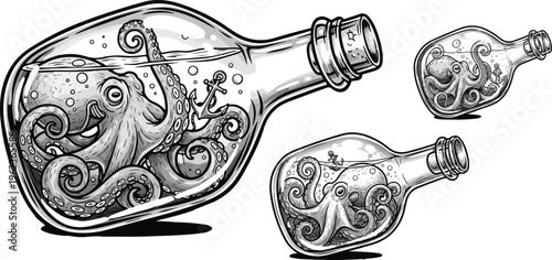 Vintage nautical octopus in a bottle vector set, black and white kraken glass jar illustrations, maritime sea creature line art