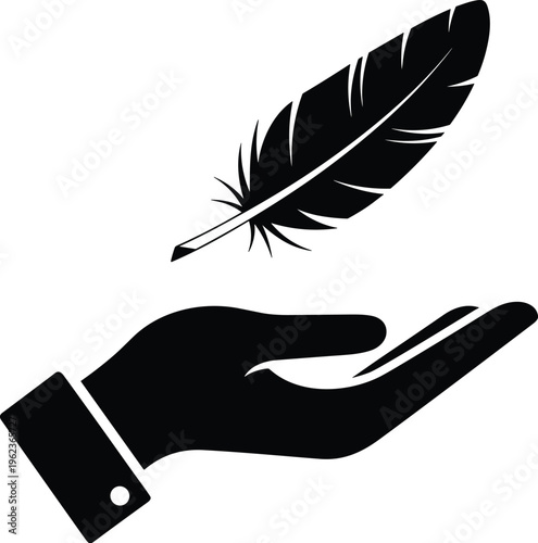 Black silhouette illustration of open hand with floating feather, gentleness, care, sensitivity, fragility concept design