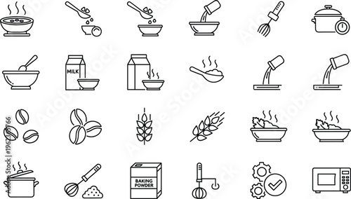 Cooking food preparation icon collection with kitchen tools ingredients culinary artwork, baking design, black vector template set