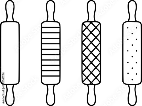 Rolling pin illustration set, in outline style, for kitchen equipment design