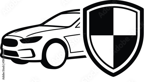 Black silhouette illustration of car with shield icon, automotive safety concept, vehicle protection, insurance, security design
