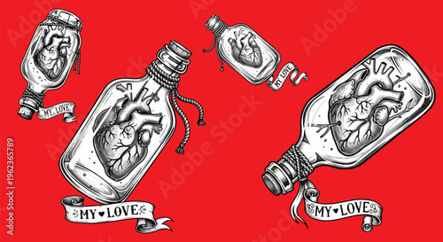 Vintage anatomical heart in glass bottle vector, hand drawn gothic love illustration, romantic heart jar with my love ribbon on red background