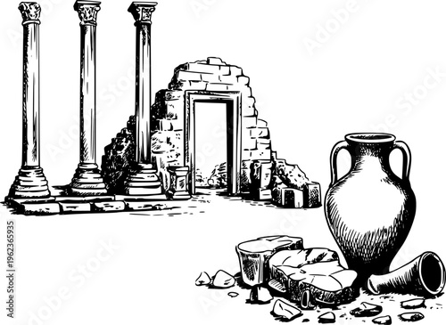 Ancient Greek ruins with amphora and broken stone fragments black and white roman