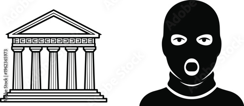 Black and white illustration of classical bank building with columns and masked person icon, crime, robbery, security concept